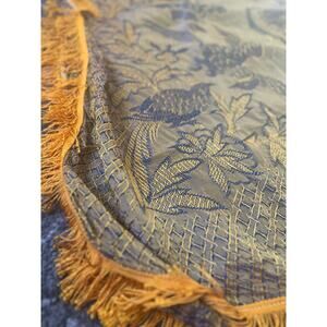 Iridescent Asian Silk (?) Jacquard Brocade Bedspread Textile Fringe Blue Gold